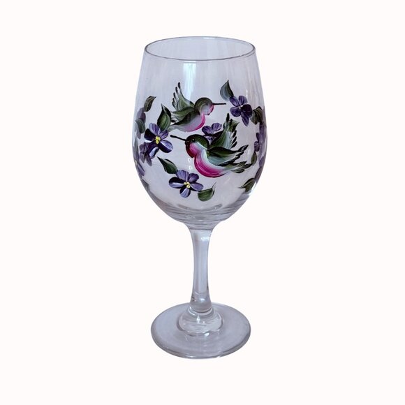 Hand Painted Hummingbird Wine Glass Artistic Purple Violets Stemware Bird Gift - Picture 12 of 14